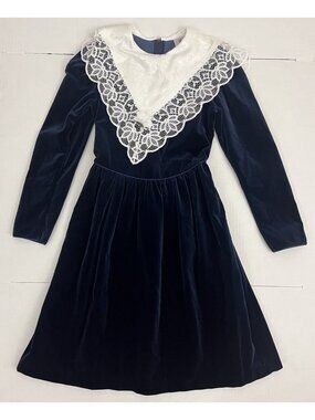 Vintage Carrousel Girl's 14 Blue Velvet Party Dress Wide Lace Collar